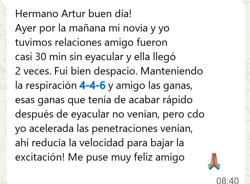 Mensaje de Leandro: casi 30 minutos sin eyacular. Cuenta que mantuvo la respiración 4-4-6 y redujo la velocidad para bajar la excitación.