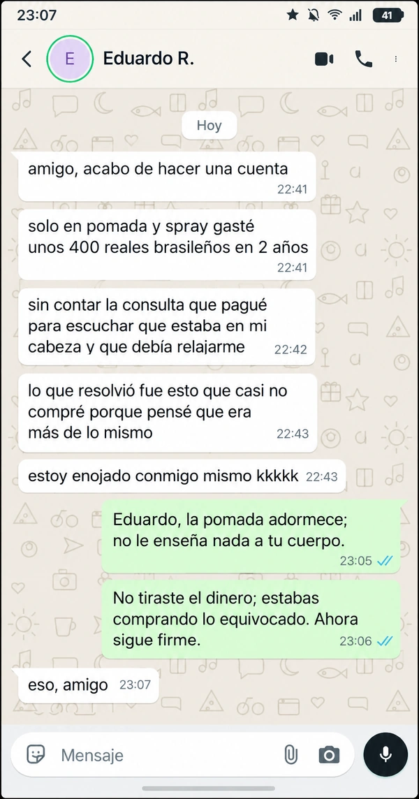Captura de WhatsApp: alumno estima que quemó 400 reales en pomada y spray en 2 años antes de encontrar el protocolo