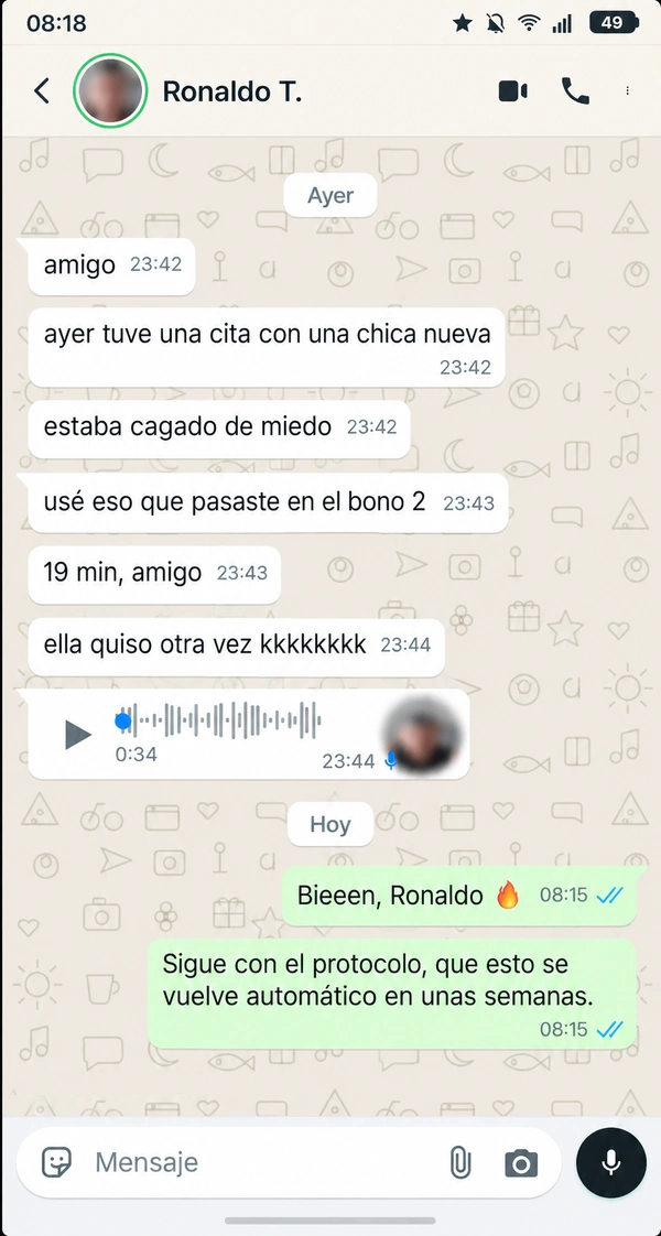 Captura de WhatsApp: alumno reporta 19 minutos en una nueva cita y que ella quiso otra vez